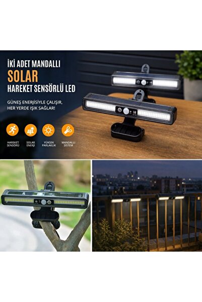 2 Adet 36 LED Mandallı Solar Lamba, Güneş Enerjili, Hareket Sensörlü, 3 Modlu, Kıskaçlı Kablosuz Dış Mekân Duvar Apliği