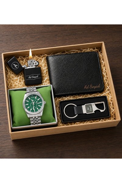 vegahediye v vega Kişiye Özel Green Prestige Erkek Hediye Seti (Erkek Yeşil Kadran Kol Saati & Cüzdan & Benzinli Çakmak & Kancalı Anahtarlık & Hediye Seti)