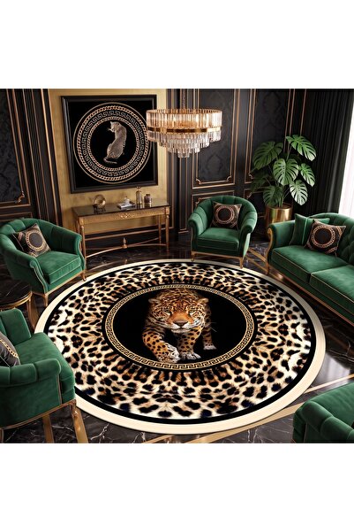 Delipoyraz Tekstil Dijital Kaymaz Yıkanabilir Yuvarlak Aslan Leopar Salon Hal...