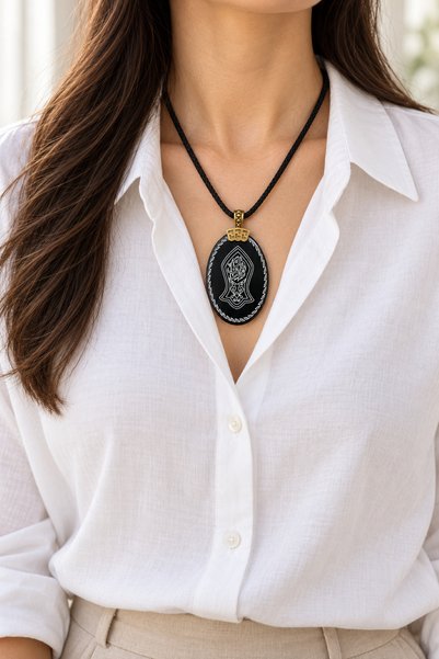 AYDESİA Black Agate Stone Oval Pendant with the Seal of Na'L-I Şerif Hakkani Written on It, Unisex