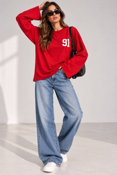 TuZeGiyim Both Front and Back Printed Oversize Fit Long Sleeve Hoodless Pocketless Women's Sweetshirt