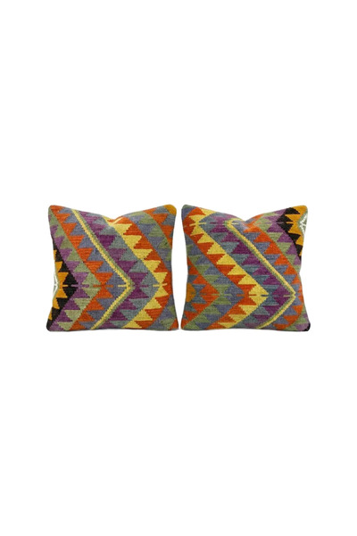 Kilim Yün Kahverengi El Yapımı Kırlent Kılıfı 2 Parça Set 60 x 60 cm