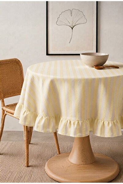 linea natura home مفرش طاولة مخطط أصفر طبيعي عتيق الطراز بحواف مكشكشة