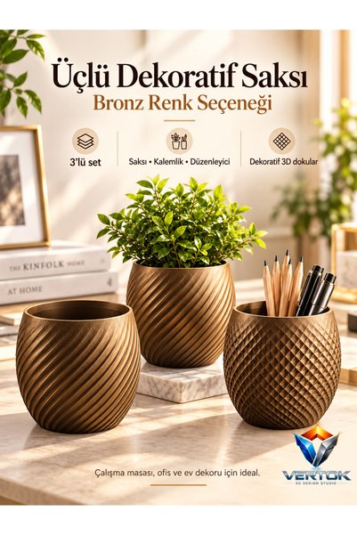Üçlü Dokulu Dekoratif Saksı ve Kalemlik Seti
