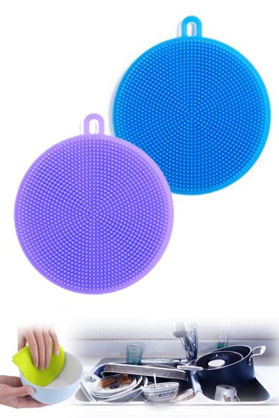 sonx 2 Pcs Silicone Dish Sponge, Flexible Round Dishwashing Brush, Cleaning Tool with Hanging Ring