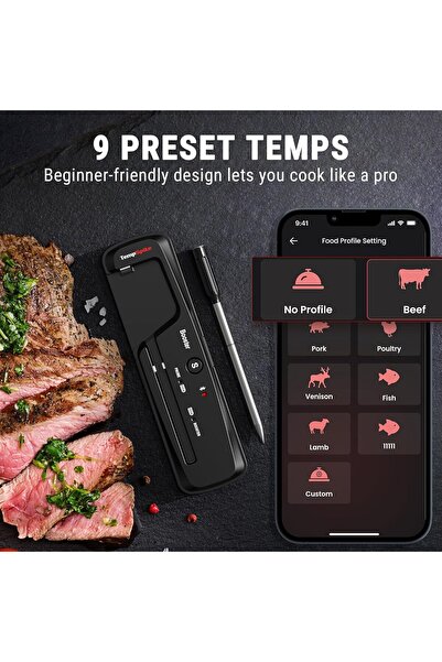 Temp Termometru Wireless pentru Carne 150 m – Bluetooth 5.2, Fără Cabluri, 2 Senzori, Alarmă, App Control, Cuptor/Grătar/Smoker – TempPro 150M