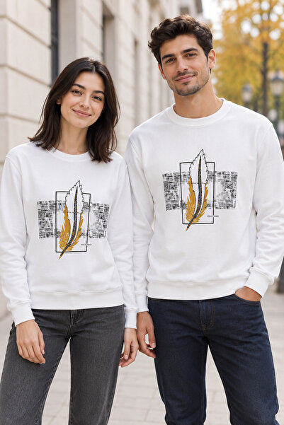 Beyaz Unisex Tüy Baskılı Bisiklet Yaka Sweatshirt STK-0096