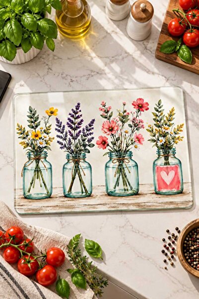Cam Kesme Tahtası Shabby Chic Çiçek Temalı - Cam Kesme Tablası | 30cm x 40cm