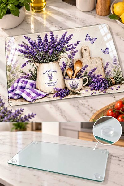 GÖKÇEOĞLU Glass Cutting Board Provence Lavender Themed - Glass Cutting Board |   20cm X 30cm
