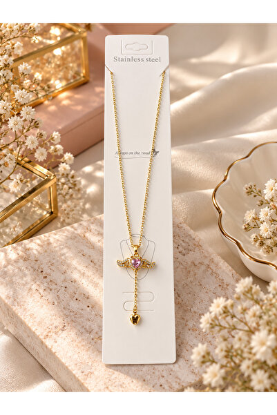 Generic Brand Steel Heart Wing Necklace – Stylish Women's Necklace with Gold Color and Pink Stone
