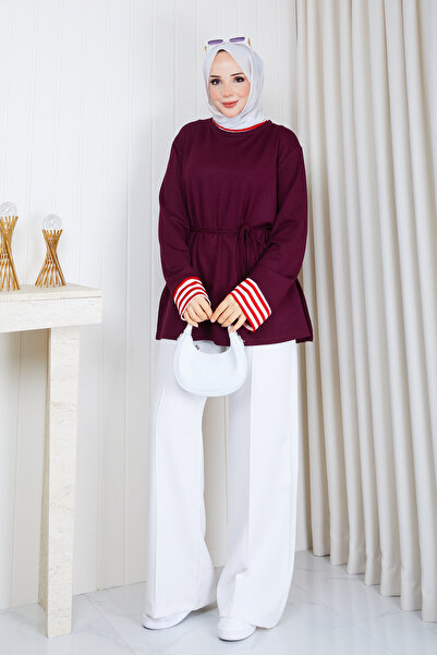 Bağcıklı Oversize Tunik – Çizgili Manşet Detaylı Rahat Kalıp Tesettür Tunik – Günlük Tunik