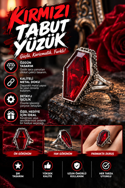FG KONNİCHİWA Red Coffin Unisex Ring – Gothic Stoned Metal Design