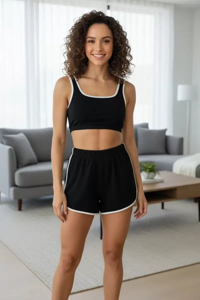 Generic Brand Black Crop Tank Top and Shorts Nightgown Set with Straps Stretc...