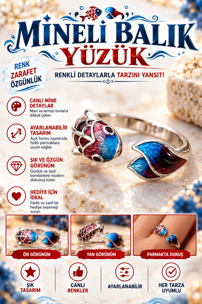FG KONNİCHİWA Mineli Fish Unisex Ring – Blue Red Adjustable Model