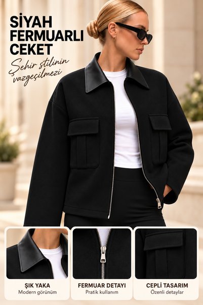 NQX PULL PROFESSIONAL Kadın Oversize Bomber Ceket Trençkot – Deri Yaka Detayl...