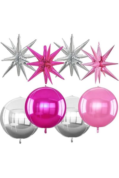TERRIFI Large 4D Star Balloons Set, 8 Pcs Silver Pink and Rose Red Round Myla...