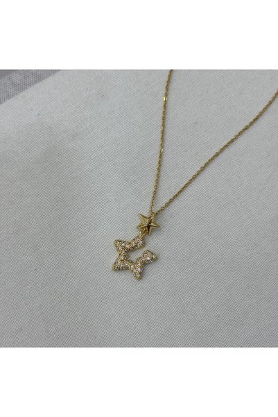 FREE PALACE Gold Plated Necklace with Zircon Stone and Double Star Figure