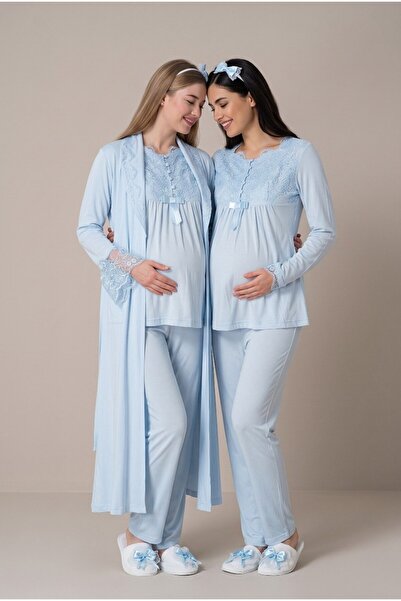 LOHOUSE Women's Blue Lace New Season Winter Maternity Pajama Set with Dressin...