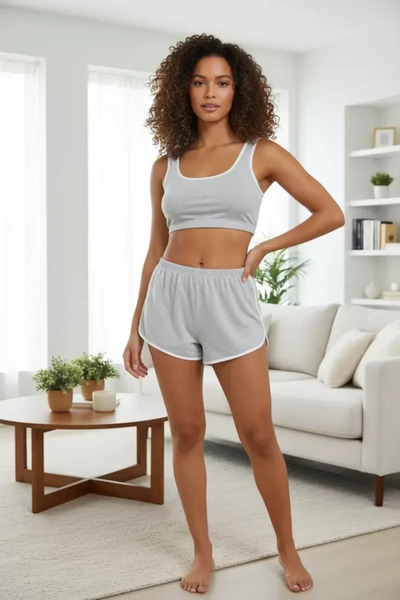 Generic Brand Gray Crop Tank Top and Shorts Nightgown Set with Straps Stretch...