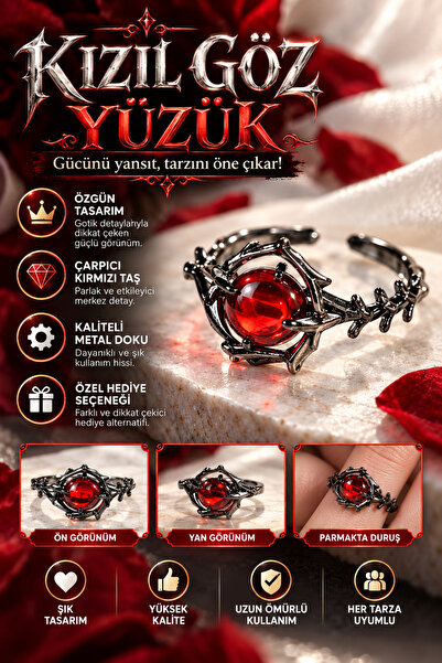 FG KONNİCHİWA Red Eye Red Stone Gothic Adjustable Unisex Ring