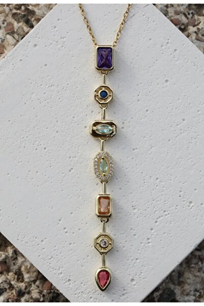 FREE PALACE Multi-Colored Zircon Stone Chakra Row Gold Plated Pendant Necklace