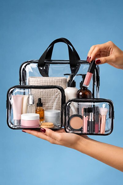 3'lü Şeffaf Makyaj Çantası Seti Seyehat Kozmetik Çantası PVC Organizer Washbag