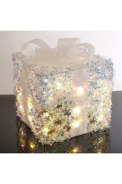 DD SHOP Cadou Decorativ Alb cu Beteala Holografica & 25 de Becuri LED 25x25x30cm
