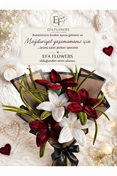 EFA Flowers 5’li Bordo Beyaz Şönil Zambak ( Lilyum ) Buketi