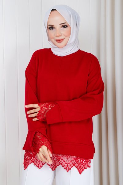 Wual giyim Lace Detailed Knitwear Fabric Oversize Tunic – Comfortable Fit Long Sleeve Women's Tunic with Lace at Hem and Sleeves