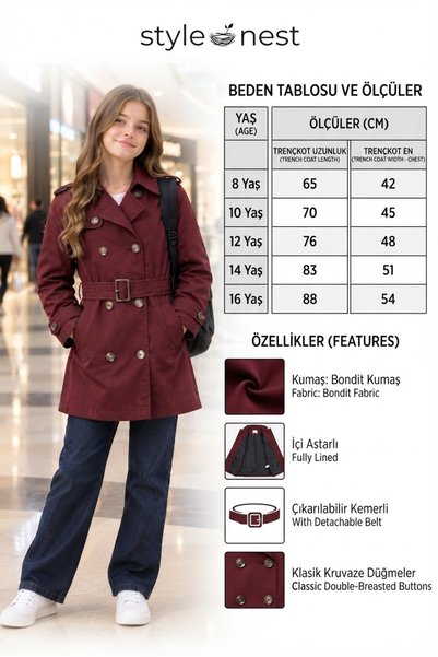 STYLENEST Kız Çocuk Trençkot Kemerli Çift Düğmeli Astarlı Baharlık Mont