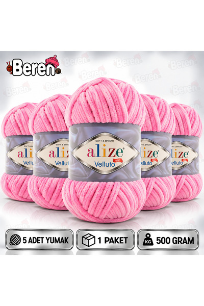 Alize Velluto Kadife Dokulu İp - 5 Adet - 121 Pembe – Örgü Yünü – Amigurumi-B...