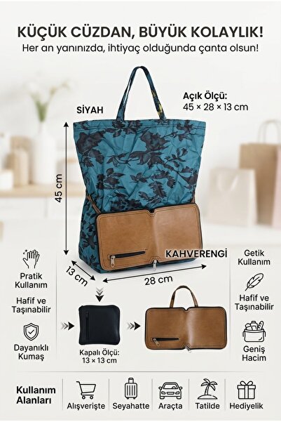 Cüzdanlı Katlanabilir Alışveriş Çantası 45x28x13 cm – Pratik Taşınabilir Pazar Market Çantası