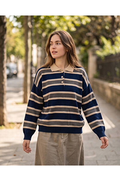 Fix Modalife Women's Polo Collar Striped Buttoned Oversize Knitwear Sweater