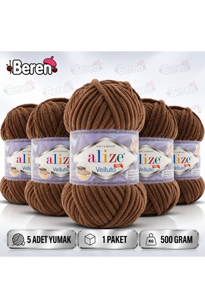 Alize Velluto Kadife Dokulu İp - 5 Adet - 493 Koyu Kahve – Örgü Yünü – Amigur...