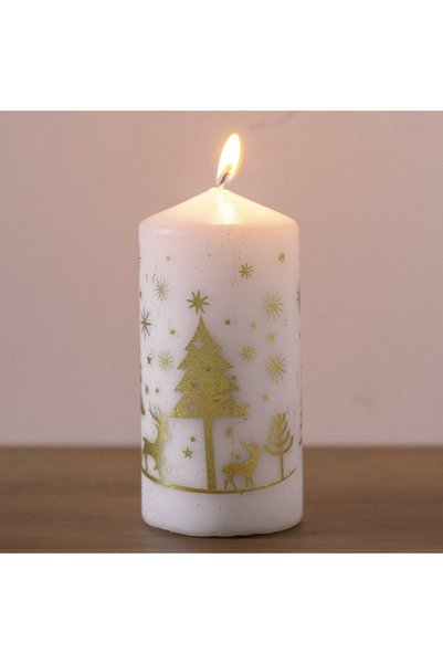 DD SHOP Lumanare de Craciun Alba cu Brazi Aurii Ø7x15cm - Lumanari