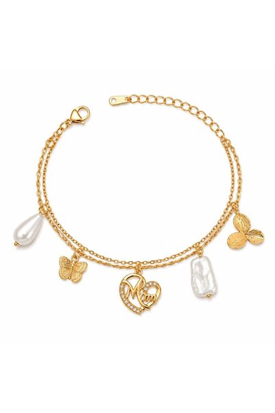 MOMOCA Γυναικείο Διπλό Βραχιόλι “Mom” με Πέρλες και Charm Πεταλούδας σε Χρυσό...