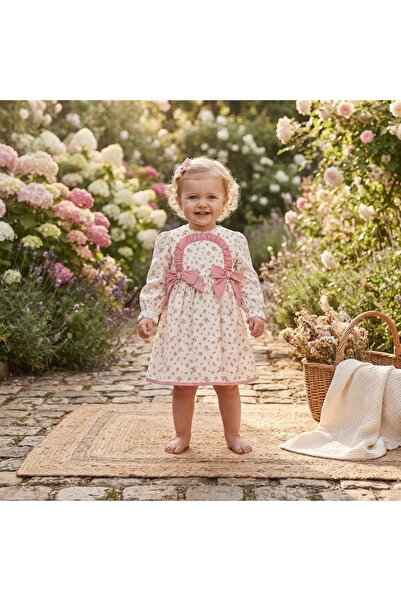 Pure Boutique Κοριτσίστικο βαμβακερό φόρεμα με στάμπα, ροζ φιόγκους και μακρι...