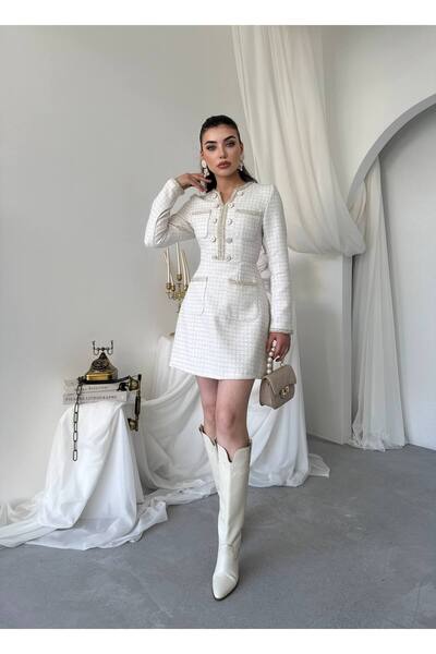 conconmoda Kadın Siyah Tüvit Elbise Gold Düğmeli Cep Detaylı Şık Mini Elbise-...
