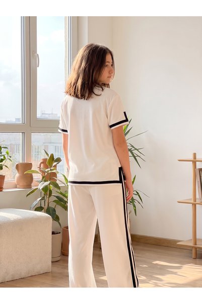 Finelook Girls Two-Piece Short-Sleeve Top and Wide-Leg Pants Lounge Set – White & Black Contrast Trim