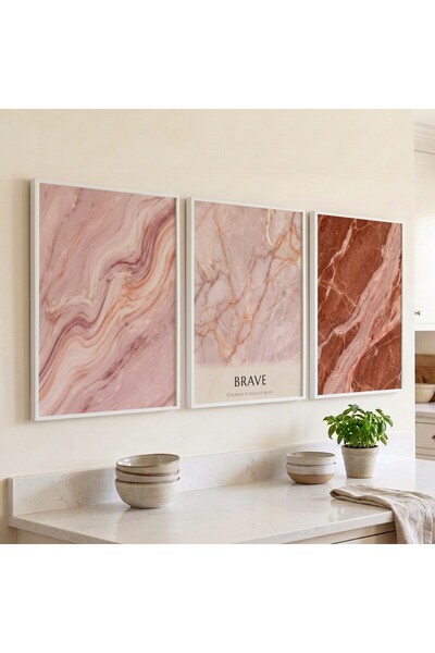 KEYFHOME Brave Marble Texture Abstract Set of 3 Framed Mdf Painting Poster Li...