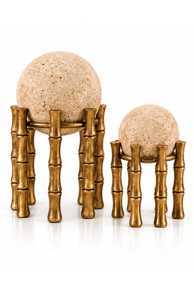 BELİZ HOME 2’li Doğal Taş Traverten Küre Dekoratif Obje Seti Eskitme Metal Sa...