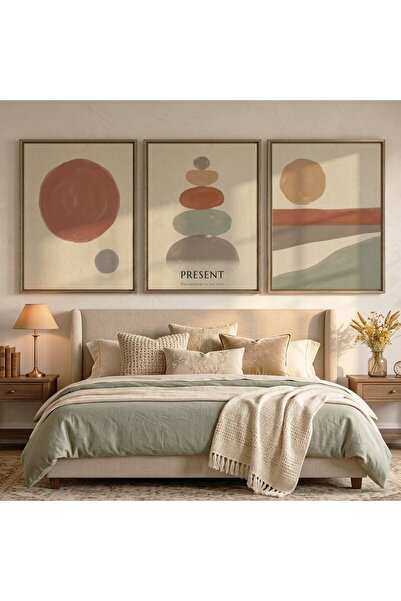 KEYFHOME Set minimalist de 3 tablouri cu cadru MDF, stil boho, cu piatră echi...