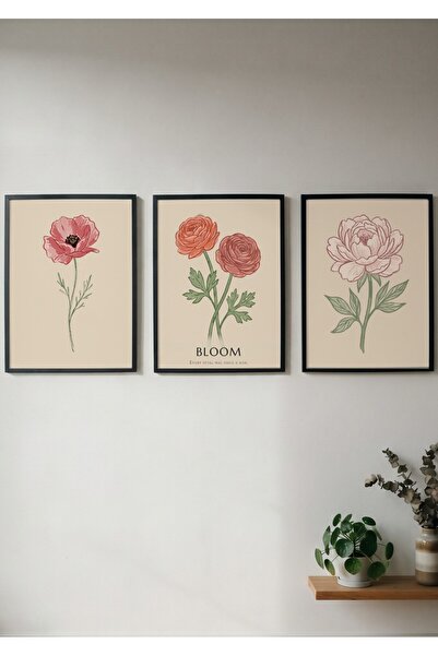 KEYFHOME Bloom Vintage Flower Botanic Set de 3 tablouri MDF înrămate poster p...