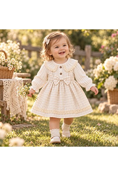 Pure Boutique Rochita fetita cu muselina crem, imprimeu in carouri si dantela