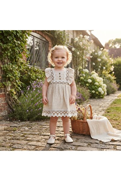 Pure Boutique Rochita fetita din muselina crem cu dantela si volane