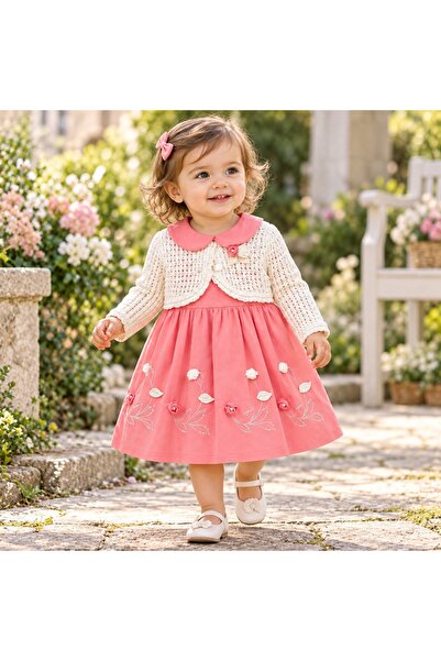 Pure Boutique Σομόν ροζ κοριτσίστικο φόρεμα με φλοράλ κέντημα και αποσπώμενο ...