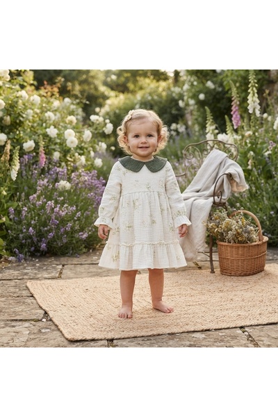 Pure Boutique Rochita fetita din muselina cu imprimeu floral si guler verde