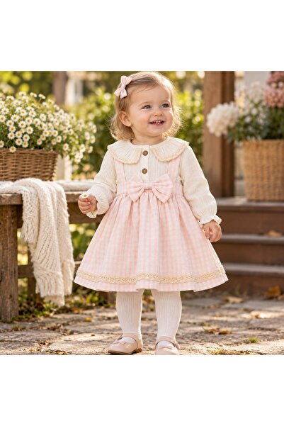 Pure Boutique Rochita fetita cu muselina crem, carouri roz, funda si dantela
