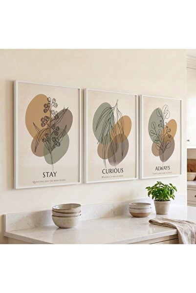 KEYFHOME Rămâi mereu curios Botanik Set de 3 tablouri MDF înrămate Poster Dec...