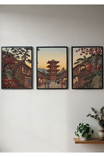 KEYFHOME Set de 3 gravuri pagoda japoneză cu ramă MDF tablou poster cadou dec...